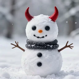 Photorealistic evil snowman with devil horns. Hyperdetailed photorealism, 108 megapixels, amazing depth, glowing rich colors, powerful imagery, psychedelic Overtones, 3D finalrender, 3d shading, cinematic lighting, artstation concept art