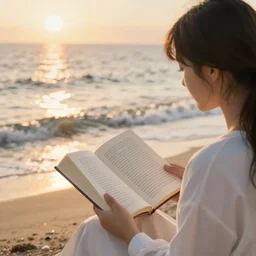 girl reading a book, beach, golden hour, sun in frame, wavy water, digital art