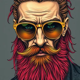 detailed hipster skinny man with gold sunglasses, long vibrant colored beard, dmt, by james gurney + intricate and vibrant work + portrait + trending on artstation + incredible gothic illustration + exquisite detail