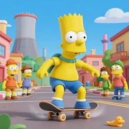 Cartoonish 3D Bart Simpson skateboarding around a neighborhood full of obstacles, nosey neighbors, nuclear power plant in the distance, trending on artstation, Magee, Fintan trending on ArtStation, deviantart, high detail, stylized portrait