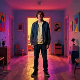 weird and disturbing portrait of todd solondz standing alone in an empty appartment, vivid colors, neon, art by gregory crewdson, ( ( ( kuvshinov ilya ) ) ) and wayne barlowe and francis bacon and artgerm and wlop and william - adolphe bouguereau