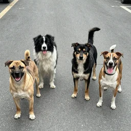 Four dogs on the street.