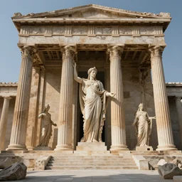 a matte painting of a mystical Atlantis grec temple olymp glory statue pantheon of legends of dynasty brutalist architecture by Frank Lloyd Wright and Zaha Hadid volume light