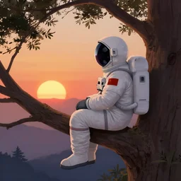 Astronaut sitting on the tree, watching sunset, artwork by Ayami Kojima, deviantart contest winner,