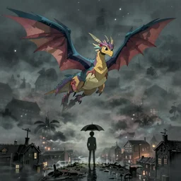 a realistic and atmospheric cell - shaded concept art from howl's moving castle ( 2 0 0 4 ) of a multi - colored wyvern in the air. a man with an umbrella is standing in a flooded city. it is a misty starry night. very dull muted colors, hd, 4 k, hq