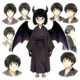 concept art of a cute japanese girl wearing round glasses and a long robe, with demon wings and short black hair, drawn by akihiko yoshida and tsutomu nihei and makoto shinkai and wadim kashin and john berkey and yoji shinkawa