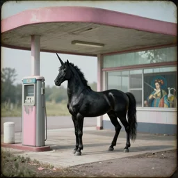 a black unicorn in an abandoned gas station, daguerreotype by edward hopper, by henri rousseau, by Bosch, art noveau, highly detailed, strong lights, liminal, eerie, Bright pastel colors, octane render, 8k