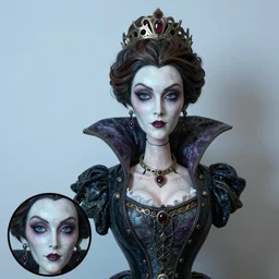 photo taken of an epic intricate, ultra detailed, super realistic bust of a majestic gracious regal beautiful aristocratic victorian female vampire stop motion puppet created by weta workshop, menacing, some zoomed in shots, photorealistic, sharp focus, white wall, extremely cold blueish colour temperature, 3 5 mm, f 1. 4, golden ratio