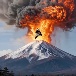 panda doing karate on the top of fuji when fuji erupts with smoke and fire, futuristic and realistic