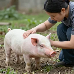 a realistic woman petting a human piglet