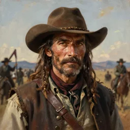 portrait of a rugged bandit, western oil painting, thomas moran, artstation