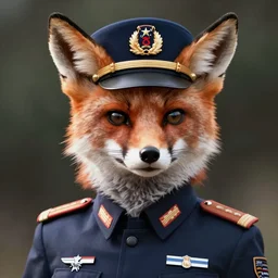 hyperrealistic close up image of anthropomorphic female fox animal dressed in modern american general uniform, fox animal, general hat, serious look