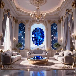a beautiful and elegant room designed with a combination of baroque and nanotechnology styles, large blue gem centerpiece, high tech features, complimentary colors