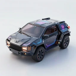 full shot of a box - shaped sci - fi flying vehicle made from dark glass and plastic surfaces in the style of peugeot prestige, neon kanji decals, side lights, studio lighting, octane render, light background