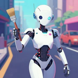 synthwave outrun illustration of an android with a paintbush. city street background, anime aesthetic, trending on artstation