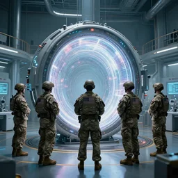 photograph of modern united states soldiers guarding an activated futuristic interdimensional portal in a laboratory, hard sci - fi
