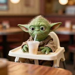 yoda, sitting in a high chair, behind a table, in the restaurant outback, annoyed, disgruntled, plastic cup with a straw sticking out, 3 5 mm, f / 2. 8