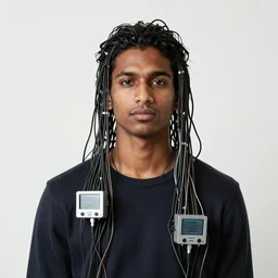 hyperrealist portrait of indian elijah zu bailey, it is decorated with long wires that fall like vines and wears small computers over their body. by jeremy mann and alphonse mucha, fantasy art, photo realistic, dynamic lighting, artstation, poster, volumetric lighting, very detailed faces, 4 k, award winning
