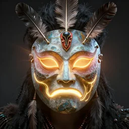 tribal vodoo mask eye radiating a glowing aura global illumination ray tracing hdr fanart arstation by ian pesty and katarzyna da „ bek - chmiel that looks like it is from borderlands and by feng zhu and loish and laurie greasley, victo ngai, andreas rocha, john harris wooly hair cut feather stone
