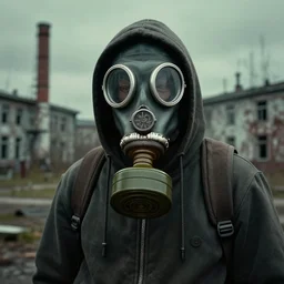 matte painting of a stalker wearing gas mask and a hoodie in chernobyl, detailed, trending on artstation