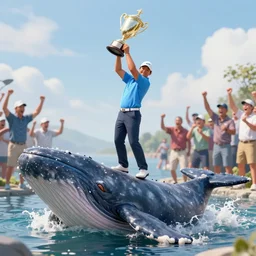 highly detailed photo of a midget golfer standing on a beached whale. the crowd is cheering him as he lifts the trophy. highly detailed render, photorealistic, concept art, sfx