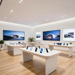A flagship Samsung store. white walls. timber floor. high ceilings with spots. curved white furniture with large digital screen. display tables with phones and tablets, pots with plants, digital screens on the walls, Architectural photography. 14mm. High Res 8K. award winning architectural design inspired by a Zaha Hadid, Foster and Partners, Calatrava, modern, high-tech, sci-fi