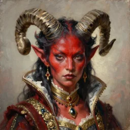 painted close - up portrait of a attractive red - skinned intimidating demon girl with ram horns! oil painting, wearing a noblewoman's outfit, fantasy art by john singer sargent and gaston bussiere, and guillermo del toro and tyler edlin, demon noble character design, hd