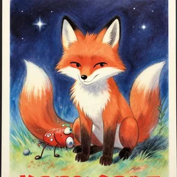 glossy old advertising poster of little vuk the fox with rabies, night, drawn comic by junji ito, pastels, gradient,