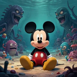 Mickey mouse sitting next to terrifying sea creatures on a creepy beach, digital art, by Marta Dahlig, super detailed, artstation