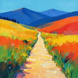 mind exploration, vivid abstract landscape, mountains in background, main path is visible and energetic