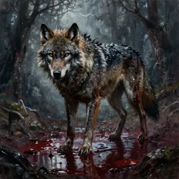 wet werewolf oil painting, horror, lovecraftian horror, bloody, pools of blood, reflecting, set in the bloodborne videogame