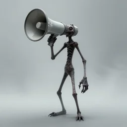 megaphone with a thin long body, arms and legs. character concept art, extremely high details, octane render, fog, horror, artstation contest winner, digital art by simon stalenhag. masterpiece