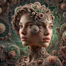 a female portrait combined with a fractal landscape by yuvrajimaginaria. visionar fineart artwork. intricate details. mandelbulb 3 d render with depthmap. deviantart. artstation. yuvrajimaginaria 8 k 3 d celshaded overdetailed maximalist masterpiece.