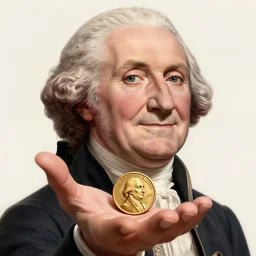 a closeup photorealistic illustration of a happy George Washington holding a small gold Doubloon coin in the palm of his hand. This 4K HD image is Trending on Artstation, featured on Behance, well-rendered, extra crisp, features intricate detail and the style of Unreal Engine.