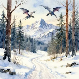 A watercolor painting of a winter landscape overlooking a path through the woods with mountains in the background, nature photo, fantasy setting, dragons flying in the background, 4k