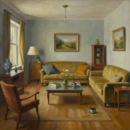 a painting of a living room filled with furniture, a surrealist painting by jacek yerka, cgsociety, fantastic realism, surrealist, detailed painting