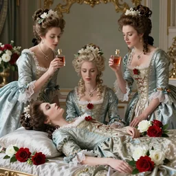 Marie Antoinette is dead, her two servants are rising out of her corpse smelling like sweet perfume, red and white flowers, baroque