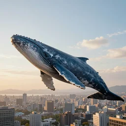 a huge blue whale is flying above a city, epic, surreal, cinematic shot, golden hour, artstation, atmosphere, high definition