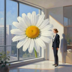 huge daisy flower head, a woman in suit, standing next to modern window in luxury apartment, surreal photography, sunlight, impressionist painting, digital painting, artstation, simon stalenhag