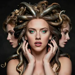 epic masterpiece portrait of medusa played by scarlett johansson, followed by head with many souls, beautiful face and flawless skin, perfect hands, emeralds by Edgar Maxence and Ross Tran and Michael Whelan