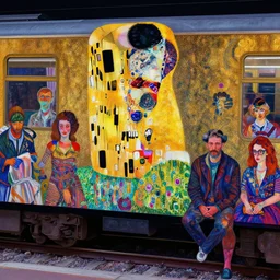 a completely full train!!, psychedelic, patterned skin, trending on artstation, photorealism!!, vibrant colors, digital art, in the style of harumi hironaka, gustav klimt, egon schiele, coby whitmore, david bates, monet, lisa frank, picasso, octane render.