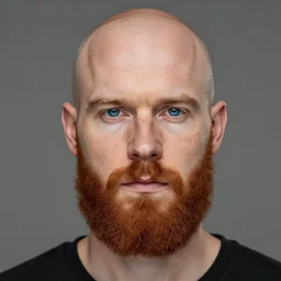 balded ginger bearded man with blue eyes, 8 k photography, realistic, artstation