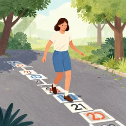 pepper ann pearson playing hopscotch, illustration, illusion, in the style of lilia alvarado