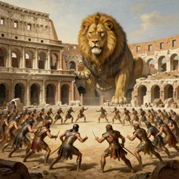 a giant monster like a lion / rat, inside the roman colliseum, fighting agains hundred gladiators at kingdom of julius caesar by world renowned artist, trending artstation, historical artworks, ruins, gustavo dore, hiperdetailed