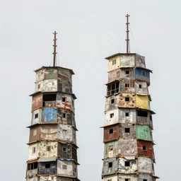 two towers made up of makeshift squatter shacks with bleached colours, mamiya, f 1. 7, uniform plain sky, fine details, photographed by julie blackmon