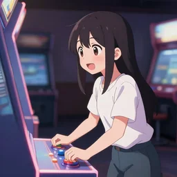 anime visual of a happy young woman play a stand up arcade game in a arcade's dark interior, cute face by ilya kuvshinov, makoto shinkai, kyoani, masakazu katsura, dynamic pose, crisp and sharp, yoshinari yoh, rounded eyes, anime poster, cel shaded