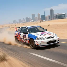 photograph of a cell-shaded Honda EK9 Type-R, anime girl car wrap, speeding on a desert road with a futuristic city in the horizon, kicking up dirt, action shot, one point perspective, 1-point perspective, tilt shift, sigma 85mm f/1.4, 4k, depth of field, high resolution, 4k, 8k, hd, full color
