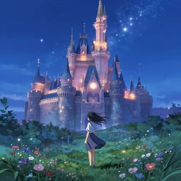 the sky is a deep blue, and the stars are shining bright. the kingdom is a beautiful sight, with its towering castles and shining lights. the girl is standing in a field of flowers, and the wind is blowing through her hair. anime scenery by makoto shinkai