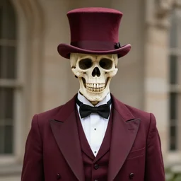 a skeleton in a maroon tuxedo suit, wearing a maroon tophat