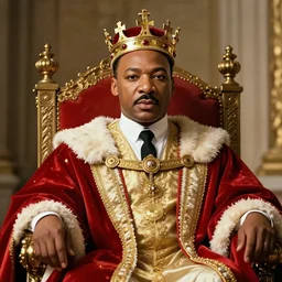 portrait of martin luther king as a king wearing a crown, sitting on a throne, royal, artstation, high quality, sharp, by greg rutkowski, artgerm, alphonse mucha